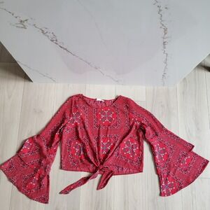Altar'd State Top Womens L Red Mackenzie Floral Front Tie Bell Sleeves Crop